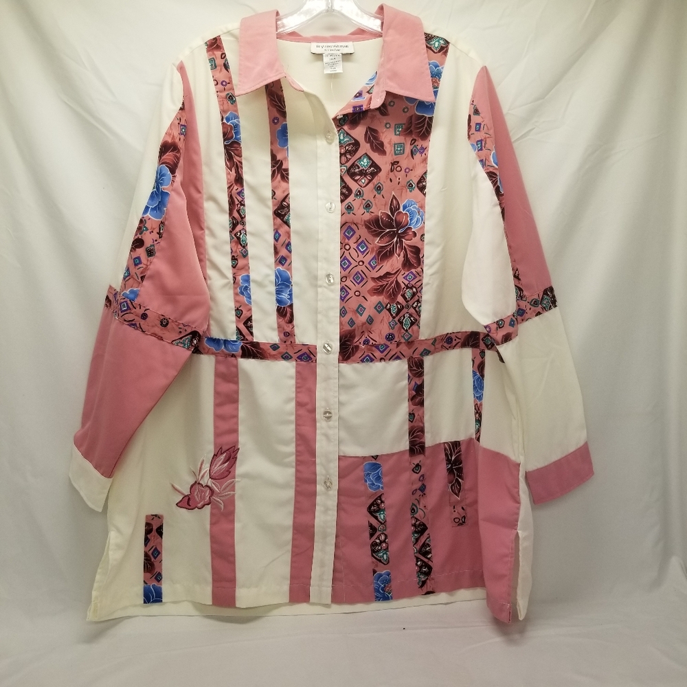 Brylane Woman Collection Size 22W Blouse Long Sleeve Pink Cream Floral Print
